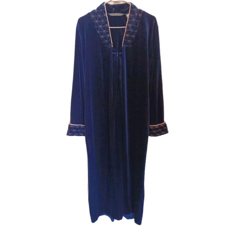 Vtg Jasmine Rose Signature Blue Velvet Robe M Embroidered Velour Zip Front Maxi